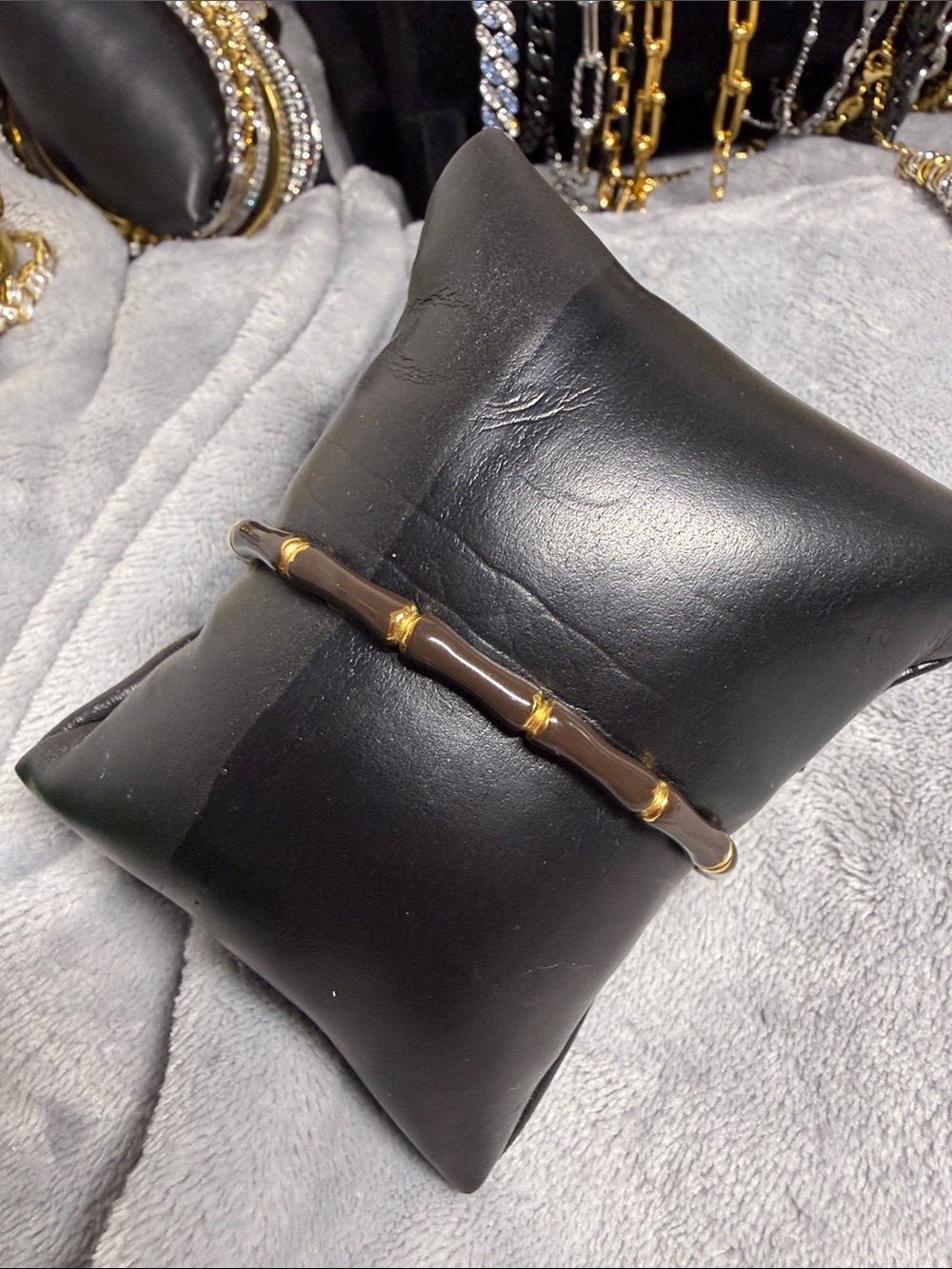 Brown Enamel Bamboo-Style Bracelet with Gold Accents